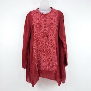Johnny Was Top Women's M Red Rona Embroidered Tunic Boho Asymmetric Roll Tab‎